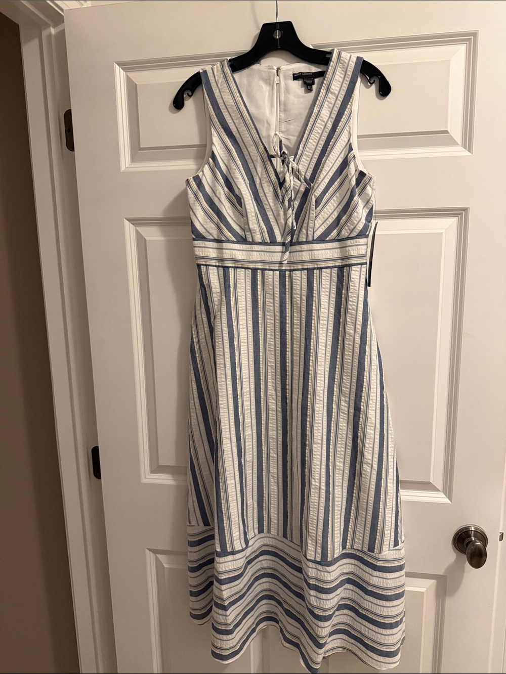 Maggy London Blue and White Striped V-Neck Midi Dress